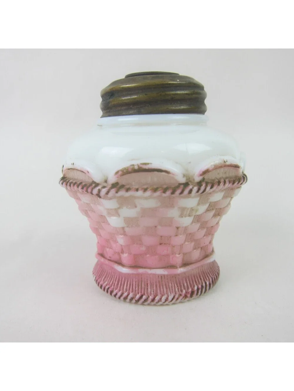Antique Miniature Oil Lamp Base Pink & White Milk Glass Basket Weave 3